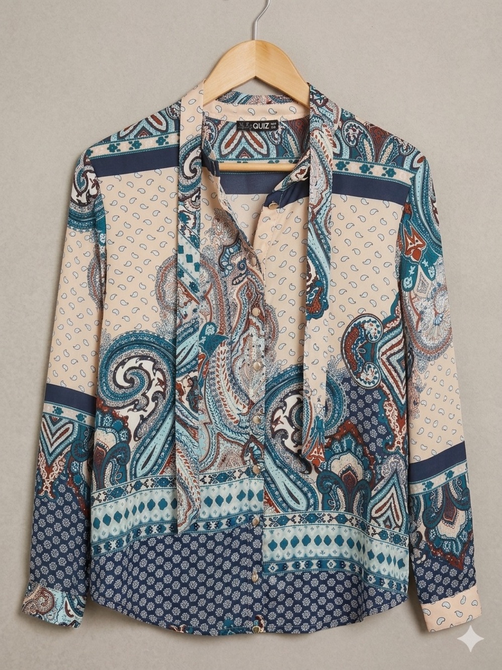 QUIZ Paisley Tie-Neck Shirt Dress in Beige and Teal